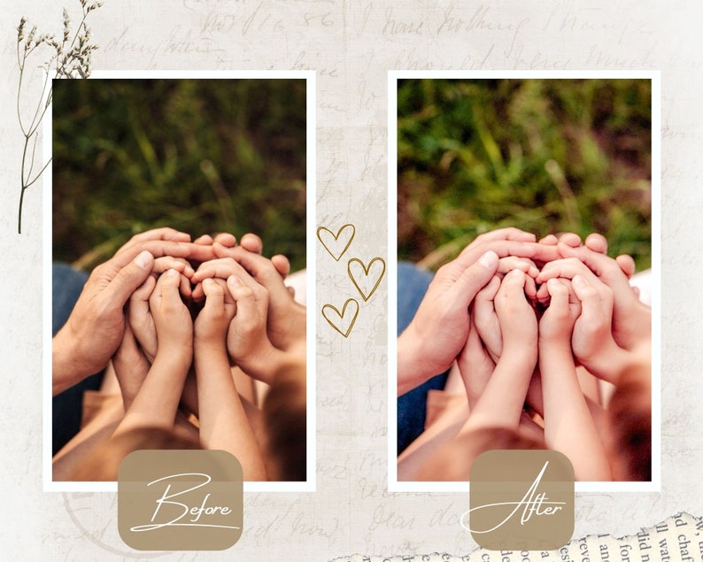 May include: A photo showing the difference between before and after editing. The before image shows a group of hands stacked on top of each other. The after image shows the same hands, but they are edited to look more vibrant and colorful.