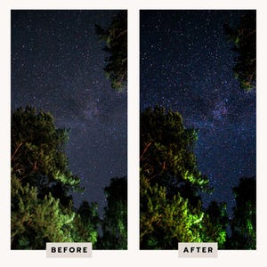 May include: A side-by-side comparison of a night sky photograph featuring a dense canopy of dark green pine trees at the bottom and a vast expanse of stars above. The left panel is labelled BEFORE, and the right panel is labelled AFTER with enhanced contrast.