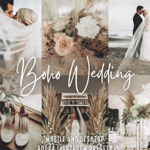 May include: A collage of images showcasing a boho wedding theme. The images include a bride and groom kissing, a bouquet of white flowers, a wedding ceremony setup with pampas grass, and a couple walking on a beach.