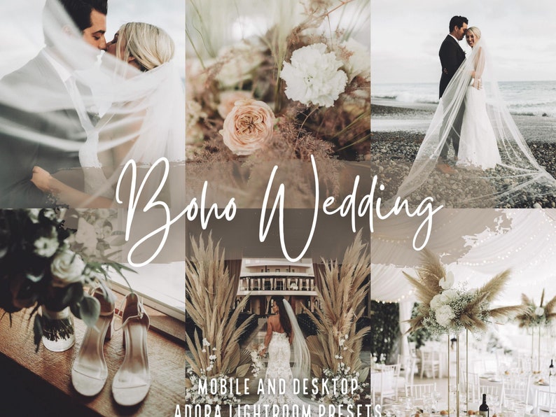 May include: A collage of images showcasing a boho wedding theme. The images include a bride and groom kissing, a bouquet of white flowers, a wedding ceremony setup with pampas grass, and a couple walking on a beach.