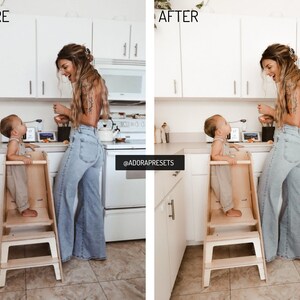 May include: A woman and a child stand in a kitchen. The woman is wearing blue jeans and a white tank top. The child is wearing a beige jumpsuit and is standing on a wooden step stool. The woman is holding a spoon and the child is looking at the spoon. The text "@ADORAPRESETS" is visible in the image.