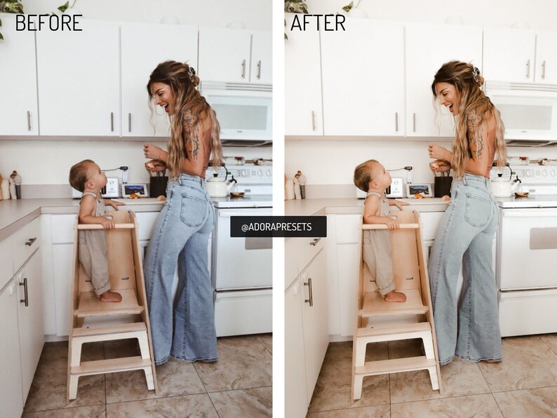 May include: A woman and a child stand in a kitchen. The woman is wearing blue jeans and a white tank top. The child is wearing a beige jumpsuit and is standing on a wooden step stool. The woman is holding a spoon and the child is looking at the spoon. The text "@ADORAPRESETS" is visible in the image.