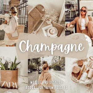 Può includere: Un collage di immagini con una donna che indossa una camicia bianca e pantaloni marroni, una sedia in vimini, una tazza di caffè, un mazzo di fiori bianchi, una borsa di carta marrone con la scritta "ZARA" stampata su di essa e una collezione di prodotti per la cura della pelle in un cestino bianco. Il testo "Champagne" è scritto in corsivo bianco su uno sfondo beige.