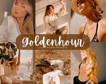 May include: A collage of six photographs featuring warm, sun-drenched lighting, showcasing various lifestyle scenes with individuals in neutral clothing, hats, and swimwear, overlaid with the text Goldenhour LIGHTROOM PRESETS in white script.