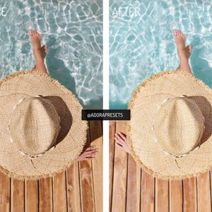 May include: A wide-brimmed straw hat with a frayed edge and a shell-adorned band, positioned over a pool with turquoise water and a wooden deck. The image is split into two sections labeled BEFORE and AFTER, with the text @ADORAPRESETS in the center.