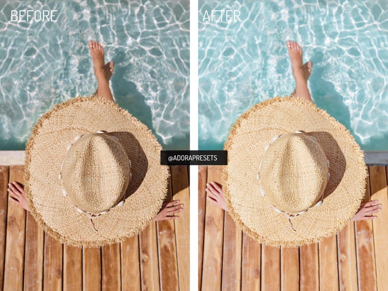 May include: A wide-brimmed straw hat with a frayed edge and a shell-adorned band, positioned over a pool with turquoise water and a wooden deck. The image is split into two sections labeled BEFORE and AFTER, with the text @ADORAPRESETS in the center.