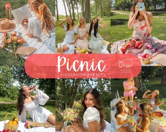 Op de afbeelding: Een digitale productweergave met de tekst Picnic LIGHTROOM PRESETS en iconen voor mobiel en desktop. De collage toont diverse buitenopnames met mensen in jurken, bloemstukken, picknickkleden en etenswaren in een parkachtige omgeving.