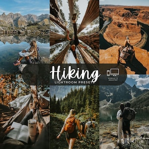 May include: A digital collection of Hiking Lightroom Presets for mobile and desktop, featuring six outdoor scenes including mountain lakes, forest trails, canyon overlooks, and a person relaxing in a hammock while reading a book.