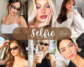May include: A collage of six portraits featuring individuals with various hairstyles and clothing, overlaid with the text 'Selfie LIGHTROOM PRESETS' and icons of a smartphone and computer monitor, indicating digital photo editing software.