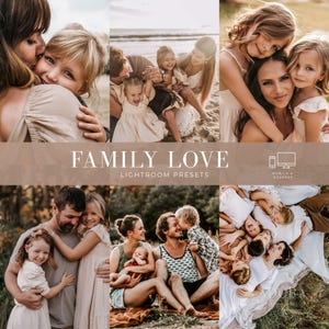 以下が含まれることがあります： FAMILY LOVE LIGHTROOM PRESETSというタイトルのLightroomプリセットのデジタルコレクション。屋外で過ごす家族の写真を6枚組み合わせたコラージュで、モバイルおよびデスクトップデバイスでの写真編集に対応しています。