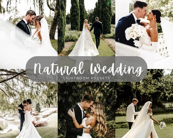 May include: A collage of six wedding photographs featuring couples in formal attire, including white gowns and dark suits, set in outdoor natural environments. The central text overlay reads Natural Wedding LIGHTROOM PRESETS.
