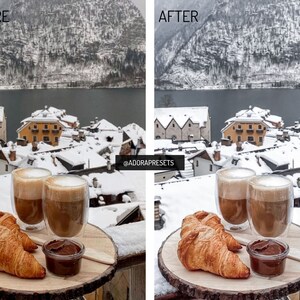 May include: Two glasses of cappuccino with a double-walled design, two croissants, and a small jar of chocolate spread on a wooden tray. The tray is on a snowy balcony overlooking a snowy mountain village.