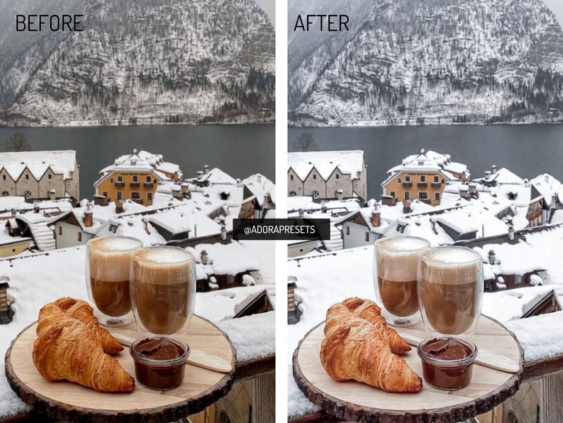 May include: Two glasses of cappuccino with a double-walled design, two croissants, and a small jar of chocolate spread on a wooden tray. The tray is on a snowy balcony overlooking a snowy mountain village.