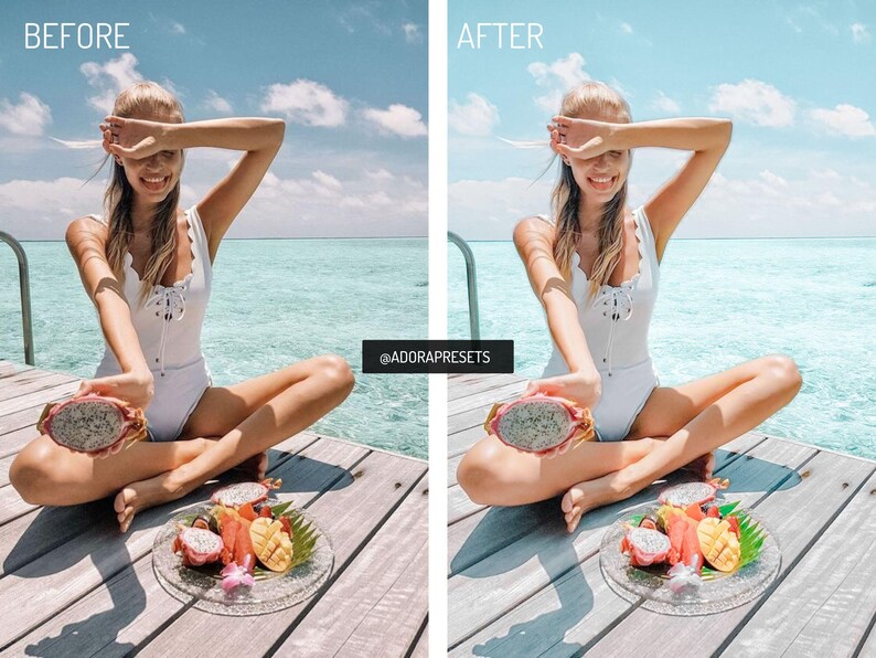 May include: A split-screen comparison showing a white one-piece swimsuit with a lace-up front and scalloped edges. The subject holds a halved dragon fruit, with a plate of tropical fruit including mango and dragon fruit slices on a wooden deck.