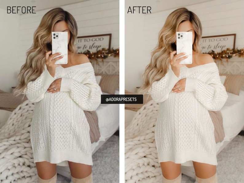 May include: A woman wearing a white off-the-shoulder sweater with a cable knit pattern. She is holding a white marble phone case in front of her face. The text "IT TO GOD go to sleep" is visible on a sign behind her.