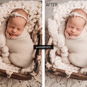 May include: A split-screen comparison labeled BEFORE and AFTER showing a sleeping infant wrapped in a beige swaddle, wearing a floral headband, resting in a dark brown wicker basket lined with a chunky cream knit blanket and a plush toy.