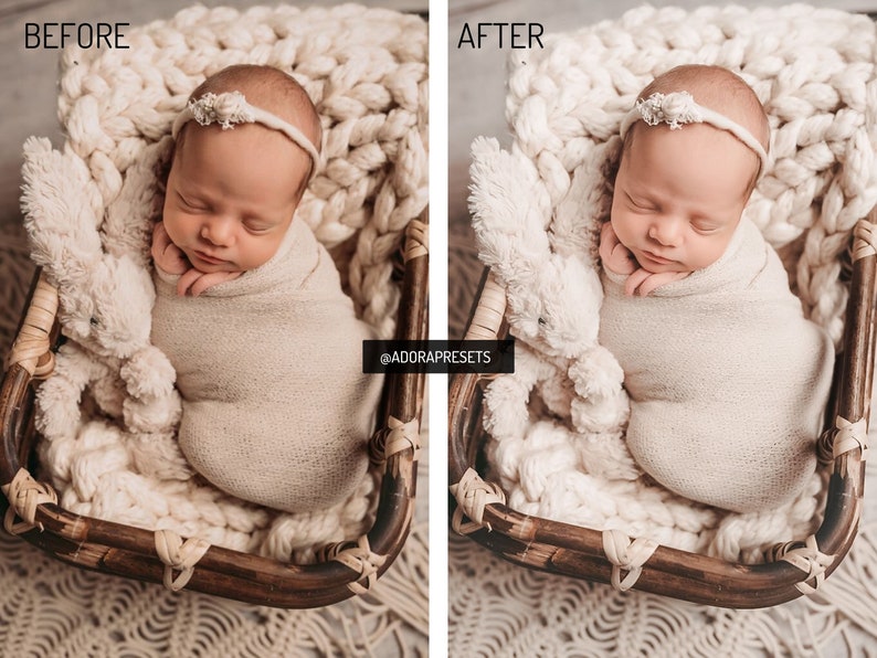 May include: A split-screen comparison labeled BEFORE and AFTER showing a sleeping infant wrapped in a beige swaddle, wearing a floral headband, resting in a dark brown wicker basket lined with a chunky cream knit blanket and a plush toy.