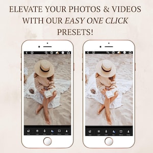 May include: Two smartphones displaying photo editing software with the text ELEVATE YOUR PHOTOS & VIDEOS WITH OUR EASY ONE CLICK PRESETS! The screens show a side-by-side comparison of a person in a straw hat reading a book on a sandy beach.