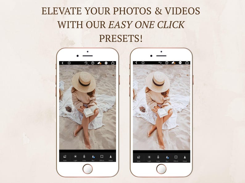May include: Two smartphones displaying photo editing software with the text ELEVATE YOUR PHOTOS & VIDEOS WITH OUR EASY ONE CLICK PRESETS! The screens show a side-by-side comparison of a person in a straw hat reading a book on a sandy beach.