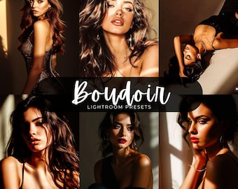 May include: A digital collection of six photographic portraits featuring individuals with long dark hair, styled in various poses with dramatic lighting and shadows. The central text overlay reads Boudoir LIGHTROOM PRESETS and ADORA Lightroom Presets.