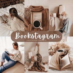 Pode incluir: Uma colagem de seis imagens com livros, canecas de café, camisolas de malha e um gato, com o texto Bookstagram Lightroom Presets centrado numa sobreposição castanha. As cenas retratam momentos de leitura em tons neutros e quentes.