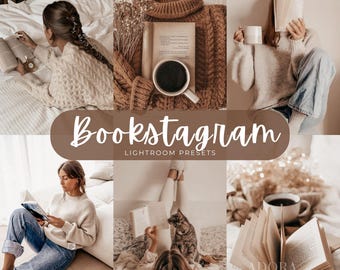 May include: A collage of six images featuring books, coffee mugs, knit sweaters, and a cat, with the text Bookstagram Lightroom Presets centered in a brown overlay. The scenes depict various cozy reading moments in neutral and warm tones.