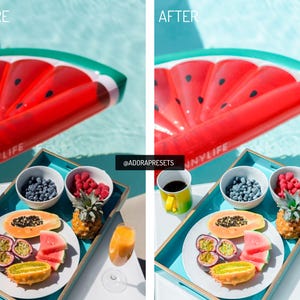 May include: A split-screen comparison showing a before and after photo edit of a breakfast tray with a papaya, passion fruit, watermelon slices, and a pineapple. A watermelon pool float is visible in the background with the text SUNNYLIFE.