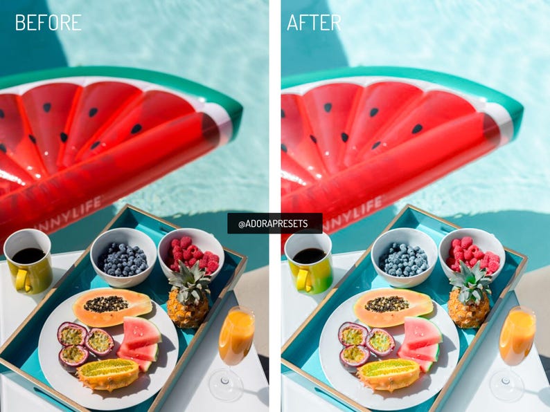 May include: A split-screen comparison showing a before and after photo edit of a breakfast tray with a papaya, passion fruit, watermelon slices, and a pineapple. A watermelon pool float is visible in the background with the text SUNNYLIFE.