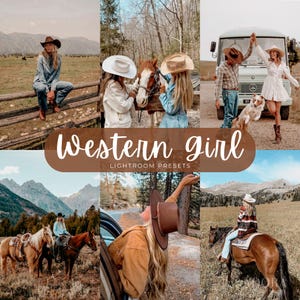 Op de afbeelding: Een digitale collage van zes foto's met personen die cowboyhoeden en westernkleding dragen in buitenomgevingen met paarden, een vintage busje en berglandschappen, met de tekst Western girl LIGHTROOM PRESETS.