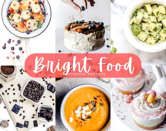 Puede incluir: Un collage de fotografías de comida que muestra una ensalada de cítricos, un pastel con arándanos, una ensalada verde, granos de café con chocolate negro, sopa naranja con semillas y cupcakes, con el texto Bright Food Lightroom Presets.