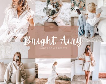 May include: A collage of six lifestyle photographs featuring a person in a white lace shirt, a bouquet of flowers, a person holding a child, a person in a sweater, a person in a white dress, and a person in a white outfit with the text Bright Airy LIGHTROOM PRESETS.