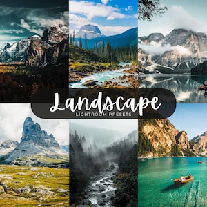 May include: A digital collection of six landscape photographs featuring mountain ranges, forests, rivers, and lakes with varying lighting and color tones. The central text overlay reads Landscape LIGHTROOM PRESETS in white script and sans-serif font.