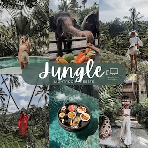 May include: A digital collage of travel photography featuring tropical landscapes, an elephant, a floating breakfast tray, and individuals in resort wear. The central text reads Jungle LIGHTROOM PRESETS with a mobile and desktop icon graphic.