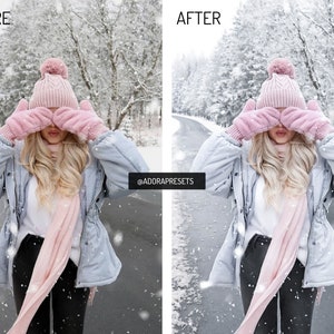 May include: A woman wearing a light blue jacket, a pink knit hat with a pom pom, a pink scarf, and pink gloves. She is standing in a snowy road with trees on either side. The text "@ADORAPRESETS" is visible in the image.
