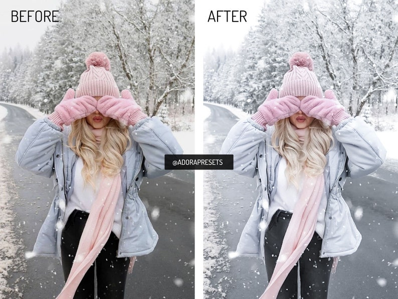 May include: A woman wearing a light blue jacket, a pink knit hat with a pom pom, a pink scarf, and pink gloves. She is standing in a snowy road with trees on either side. The text "@ADORAPRESETS" is visible in the image.