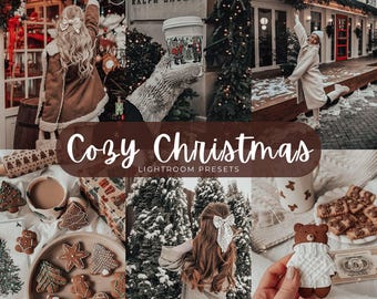 May include: A digital collection of Cozy Christmas Lightroom presets featuring a collage of holiday scenes including gingerbread cookies, snowy evergreen trees, festive storefronts, and a person holding a coffee cup with a holiday sleeve.