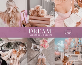 May include: A collage of images featuring light pink and soft aesthetic themes, including books, roses, a person with a hair bow, a handbag, pointed heels, and balloons. The central text reads DREAM LIGHTROOM PRESETS for mobile and desktop.