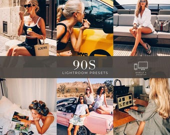 Puede incluir: Una colección digital de ajustes preestablecidos de Lightroom 90s con un collage de seis fotografías que muestran varias escenas de estilo de vida, incluyendo una persona comiendo, un taxi amarillo, un barco, un dormitorio, un coche rosa y un portátil.