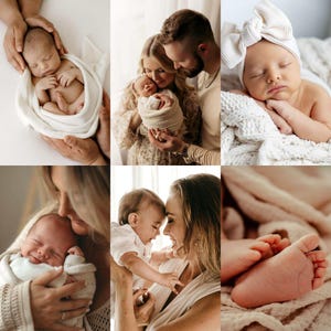 May include: A collection of six photographs featuring a newborn infant wrapped in cream-colored textured fabric, wearing a white ribbed headband with a large bow, and resting on soft blankets, captured in various intimate poses with caregivers.