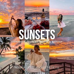 May include: A collage of six sunset beach scenes featuring a person taking a photo, a picnic with wine and fruit, a person holding flowers, a tropical beach, a person in a cable knit sweater, and a sunset view with the text SUNSETS LIGHTROOM PRESETS.