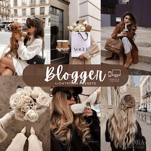 May include: A digital collage of six lifestyle photographs featuring a person with long hair, a brown dog, white roses, coffee cups, a Vogue shopping bag, and a brown quilted handbag, with the text Blogger Lightroom Presets Mobile & Desktop.
