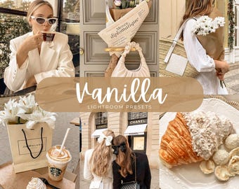 May include: A digital collage featuring a collection of lifestyle images with a warm, neutral color palette. The central overlay text reads Vanilla LIGHTROOM PRESETS. The images include a person drinking coffee, a bouquet, a croissant, and shopping bags.