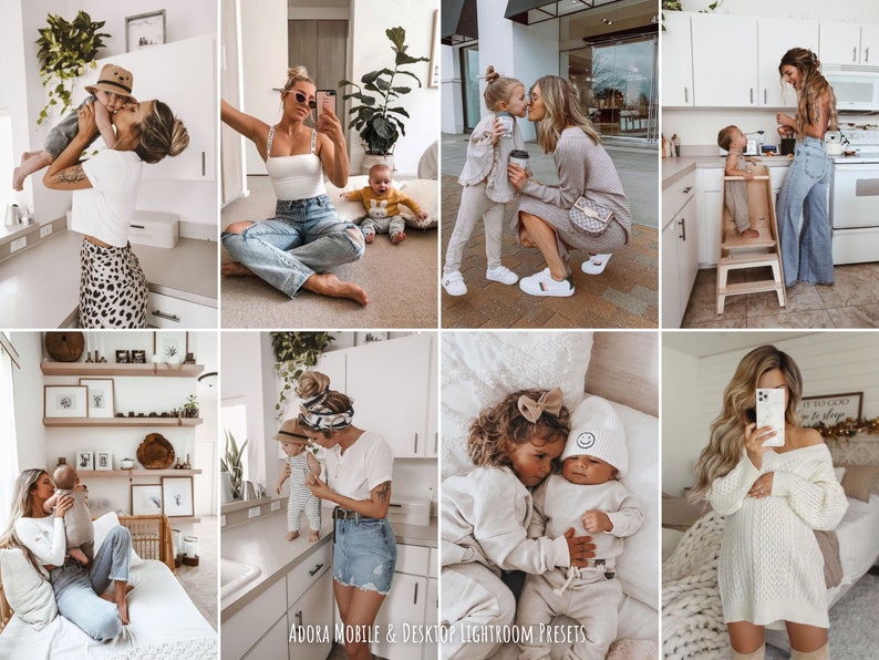 May include: A collage of photos featuring mothers and their children. The photos show various scenes, including a mother and child in a kitchen, a mother and child in a living room, and a mother and child outdoors. The photos are all in a warm, natural light.