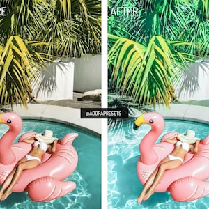 May include: A split-screen comparison showing a pink inflatable flamingo pool float with a white bikini and sun hat on a person in a swimming pool. The left side is labeled BEFORE and the right side is labeled AFTER with the text @ADORAPRESETS.