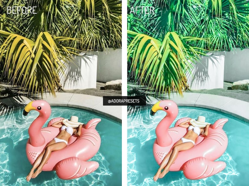 May include: A split-screen comparison showing a pink inflatable flamingo pool float with a white bikini and sun hat on a person in a swimming pool. The left side is labeled BEFORE and the right side is labeled AFTER with the text @ADORAPRESETS.