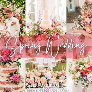 May include: A collage of images featuring a spring wedding theme. The images show a couple in front of a floral arch, a wedding cake with floral decorations, a bouquet of flowers, and a table setting with floral centerpieces. The text "Spring Wedding" is written in white script on a pink background.