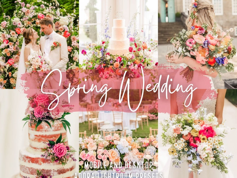 May include: A collage of images featuring a spring wedding theme. The images show a couple in front of a floral arch, a wedding cake with floral decorations, a bouquet of flowers, and a table setting with floral centerpieces. The text "Spring Wedding" is written in white script on a pink background.