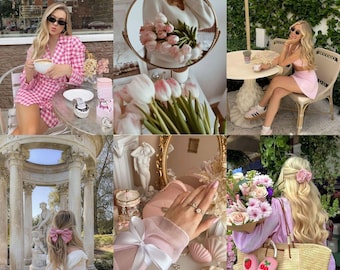 May include: A collage featuring a person in a pink gingham dress, a mirror reflecting pink tulips, a person in a pink skirt set, a person in a white dress with a pink hair bow, a hand wearing rings with a pink sleeve, and a straw bag with cherry charms.