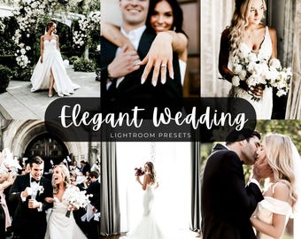 May include: A collage of wedding photography featuring couples in formal attire, white bridal gowns, and bouquets. The text Elegant Wedding LIGHTROOM PRESETS is centered over the images, showcasing various lighting styles and color tones.