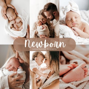 Könnte beinhalten: Eine Sammlung von sechs Fotografien mit Neugeborenen in verschiedenen Posen, darunter eingewickelte Säuglinge, Babys mit Eltern und Nahaufnahmen von kleinen Füßen. Der zentrale Text lautet Newborn LIGHTROOM PRESETS und unten ADORA.